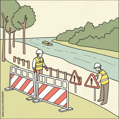 Construction workers in reflective vests and hard hats set up traffic barriers and warning signs near a river with a barge