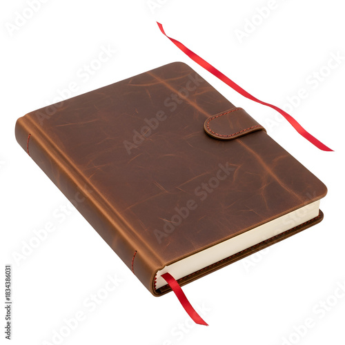 Classic brown leather bound journal with a red ribbon bookmark.