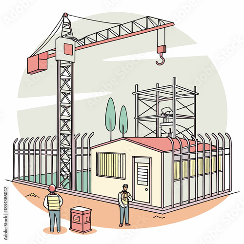 Construction site with a large tower crane security fence small building and workers in safety vests overseeing operations