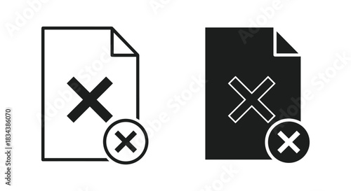 File Error Icon Set: Document with Cross Mark, Delete File Symbol, or Invalid Document Notification in Outline and Solid Styles
