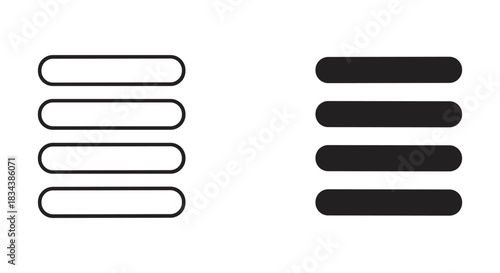 Hamburger Menu Icon Set: Outline and Filled Styles with Four Horizontal Rounded Bars for UI/UX Design