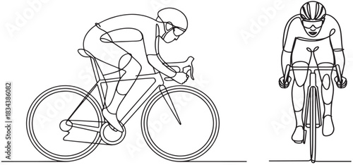 Man ride bicycle in one continuous single line art drawing. bicycle in multiple positions line art illustration set, minimalist sports training poses for cycling fitness design. vector