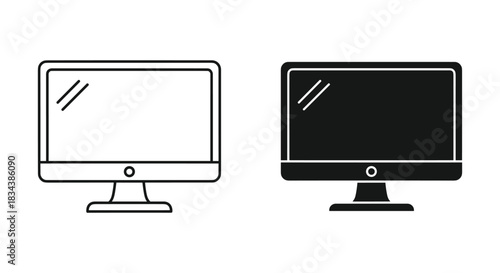 Computer Monitor Icon Set: Outline and Solid Black Glyph Versions