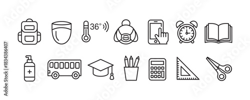 Get ready for school with this back to school icon set featuring essential supplies, safety measures, and learning tools for education success