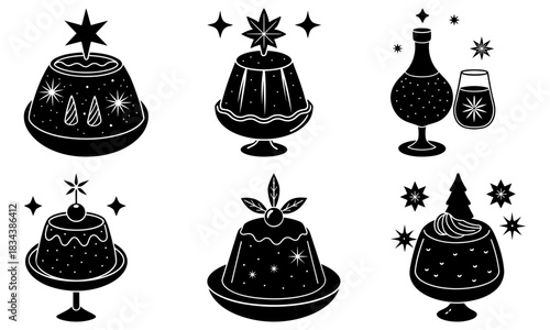 Festive Christmas pudding icons for elegant holiday designs, sparkling celebration sweets, and traditional dessert treats for Christmas cards and invitations