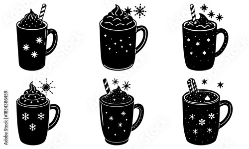 Festive hot chocolate mugs with snowflakes and candy canes, perfect for holiday cheer, winter celebrations, and cozy moments, originally a scalable vector graphic