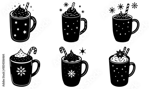 Festive winter beverages for holiday cheer! Hot chocolate, cocoa, and coffee mugs with stars, snowflakes, candy canes for seasonal designs and celebrations