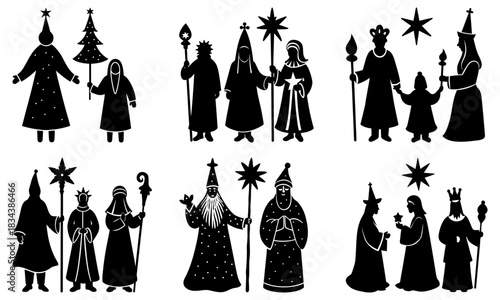 Elegant three kings silhouette, vintage Christmas nativity scene, religious holiday celebration, festive winter season, faith and spirituality vector art