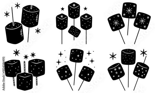 Whimsical marshmallows on sticks with sparkling stars, adding sweet delight to any design, perfect for celebrating, crafting, or adding a fun touch