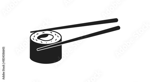 Sushi roll with chopsticks illustration in black and white silhouette
