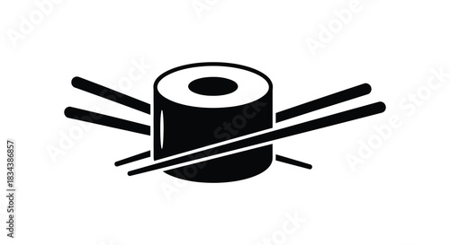 Sushi roll with chopsticks simple black and white illustration silhouette