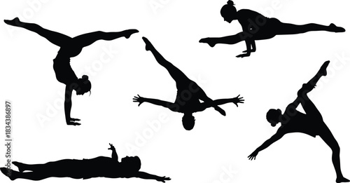 Advanced Gymnastics and Extreme Flexibility Silhouette Vector Set, Illustrating Women in Splits, Handstands, and Acrobatic Poses, Emphasizing Athletic Skill, Training, Body Control, and Dynamic 