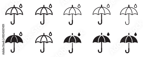 Essential set of modern fragile handling icons featuring keep dry umbrella symbols in outline and solid styles