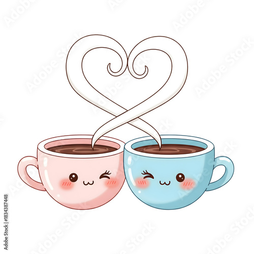 Sweet Kawaii Cartoon Illustration of Two Cups of Coffee or Hot Cocoa with Steam Intertwining to Form a Romantic Heart Shape