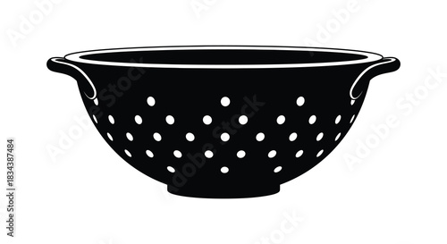 Colander kitchen utensil illustration with holes in black and white silhouette