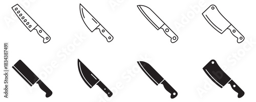 Collection of professional kitchen and butcher knives presented in clean outline and solid silhouette styles