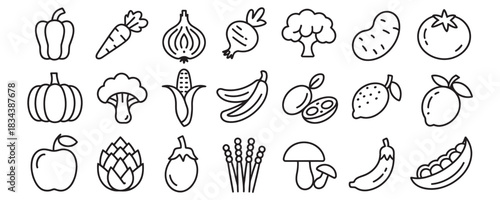 Charming collection of essential fresh produce line art icons perfect for healthy eating menus and food blogs