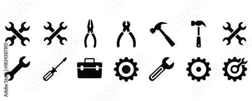 Essential black silhouette icons showing various repair tools like wrenches hammers and gears for maintenance design