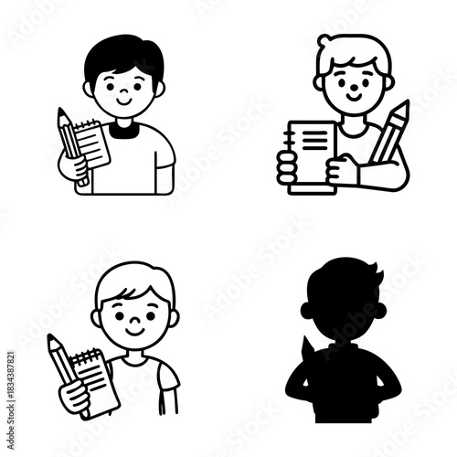 Four simple black and white line drawings depict children and cats, along with a child holding a gift