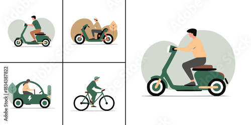 Eco friendly transportation illustration with electric scooter rider bicycle commuter and green energy car on clean modern background