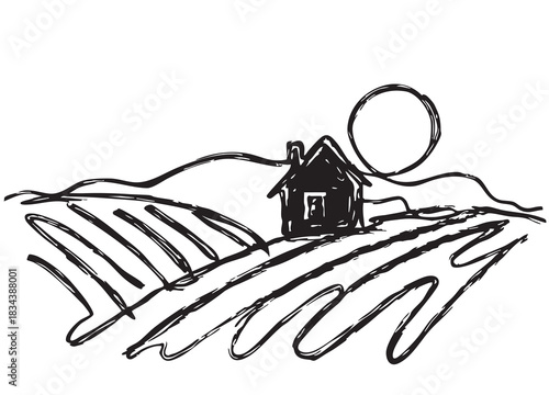 line doodles sketch village fields with black house