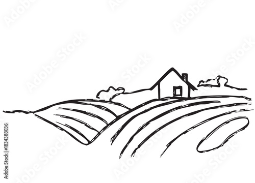 line doodles sketch village fields with house