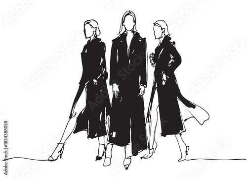 line abstract sketch fashion models in very long black coat