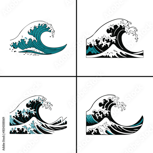 Ocean wave illustration set with dynamic surf wave shapes bold line art and traditional Japanese inspired sea design elements