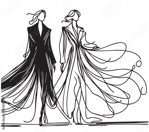 line abstract sketch fashion models in very long black dress