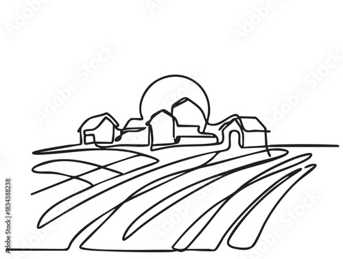 line doodles sketch village fields with house