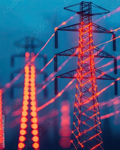 Red Light Power Tower on Blue Background