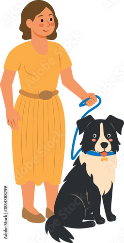 Mujer con perro sentado adiestramiento ilustración flat