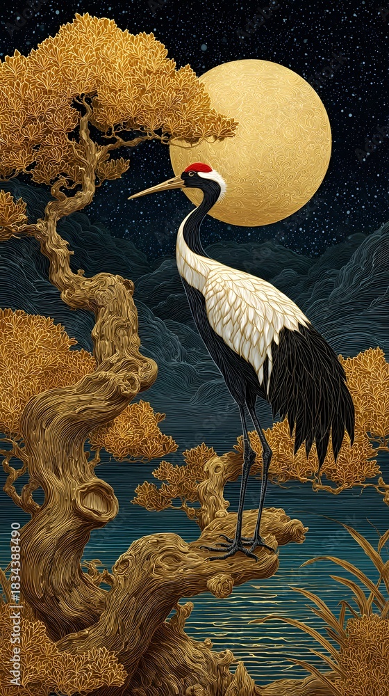 Fototapeta premium Elegant redcrowned crane stands on a golden branch with a full moon backdrop