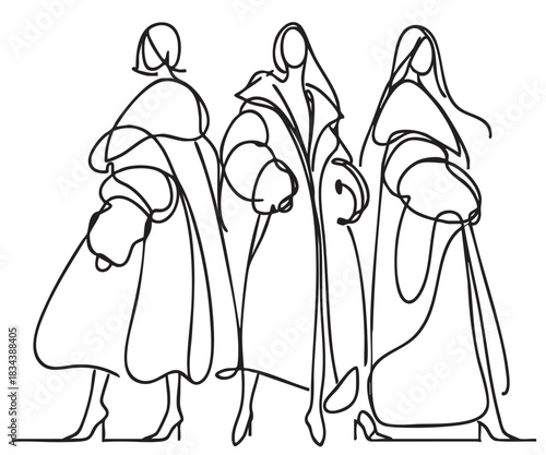 line abstract sketch fashion models in very long down jacket, coat