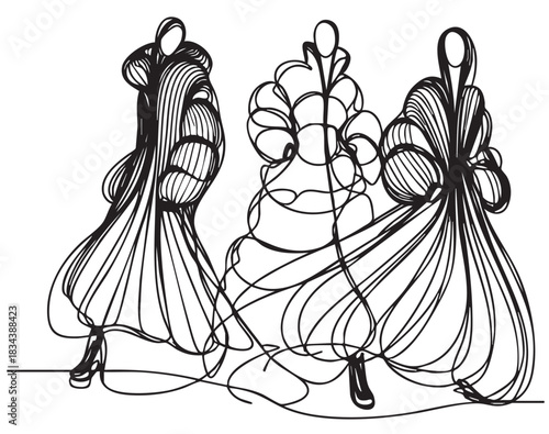 line abstract sketch fashion models in very long down jacket, coat