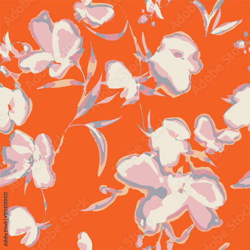 Seamless colorful floral pattern. Hand drawn flowers, herbs, leaves, branches, berries, tulip. Simple cute flat vector elements. Design for textile, cover, wallpaper