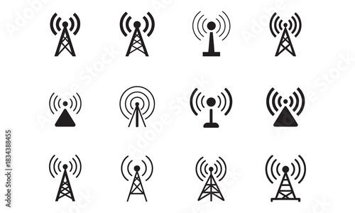 Modern communication tower icons for technology and connection projects, signal transmission concepts, wireless network designs and broadcast media
