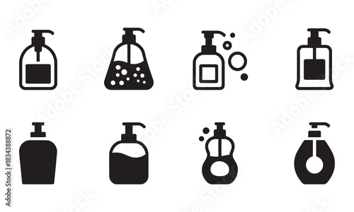 Elegant icon set featuring various soap and lotion dispenser bottles perfect for wellness and hygiene campaigns and product design projects