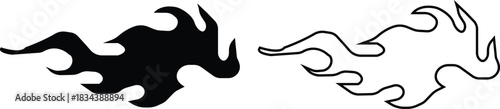 Black flame icon set in flat and line style, fire silhouette collection with tribal blaze shapes and decorative heat graphic group, monochrome burning element pack with synonym illustration