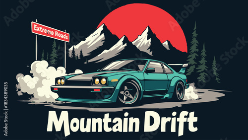 Retro mountain drift racing car illustration with smoke, sunset, forest and extreme road scene