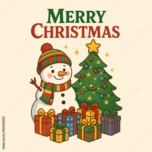Festive christmas illustration featuring a cheerful snowman decorated tree and pile of colorful gifts perfect for holiday cards and seasonal designs