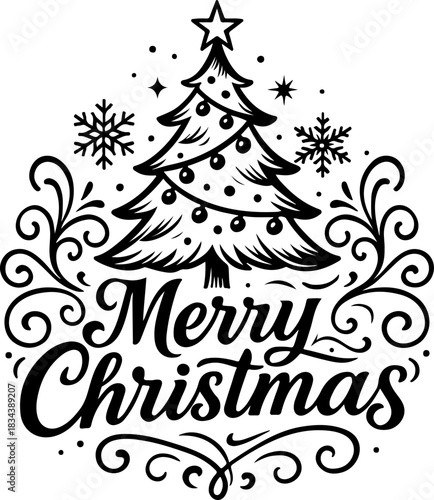 Elegant merry christmas illustration with decorated tree snowflakes and swirls in a hand drawn style perfect for holiday cards and festive designs