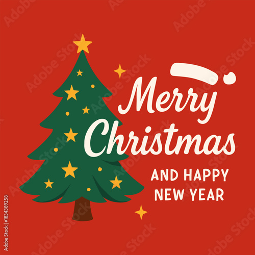 Festive christmas greeting card with decorated tree and santa hat on red background perfect for holiday wishes and seasonal celebrations with text overlay