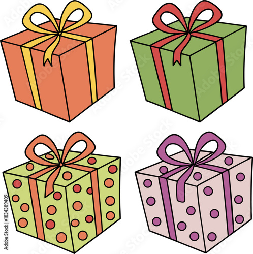 Four colorful cartoon gift boxes with ribbons and bows perfect for birthdays holidays or any special occasion isolated on a white background vector illustration