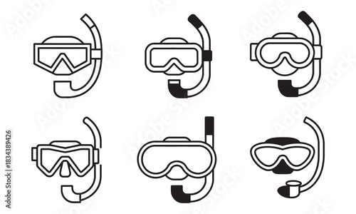 Diving mask and snorkel icons for summer vacation adventures, perfect for travel blogs, tourism websites, and dive shop promotions