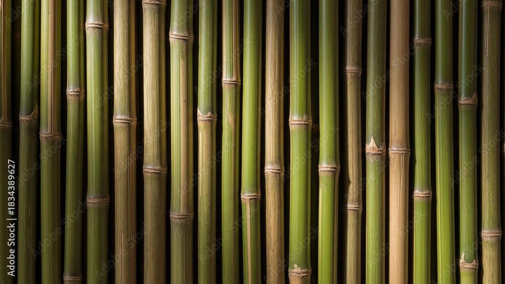 Fototapeta premium Green bamboo stalks creating a natural, textured wall, perfect for background or design elements