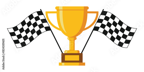 Trophy with racing flag, victory motorsport winning competition vector, success champion golden award with checkered flags, race triumph