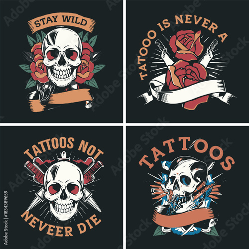 Vintage tattoo skull and rose emblem set with bold traditional ink style illustrations for edgy graphic design and alternative artwork