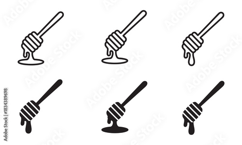 Elegant honey dipper icons for healthy food packaging and natural product labels, sweet dessert treat design elements for culinary projects