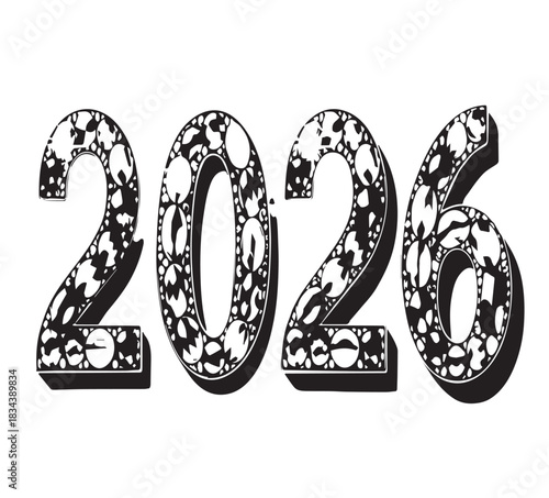 Bold vector numbers for the year 2026 featuring an intricate black and white pattern fill isolated on white.